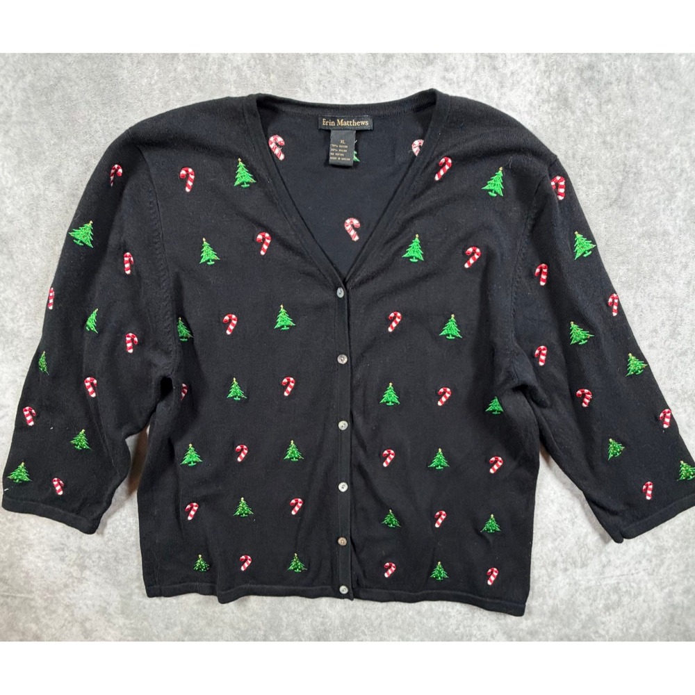 Erin Matthews Vintage XL Cardigan Black Embroidered Christmas Tree Candy Cane
